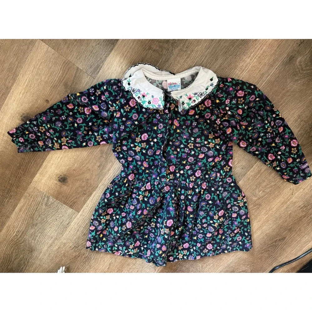 Vintage OshKosh Bgosh 4T Floral Corduroy Dress Embroidered Collar Made in USA